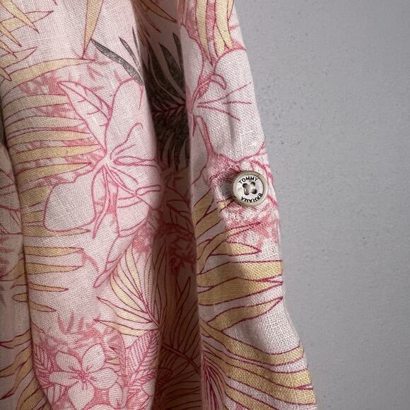Tommy Bahama Women's L Linen Button Up Shirt Roll Tab Coral Pink Floral Vacation - Picture 8 of 14